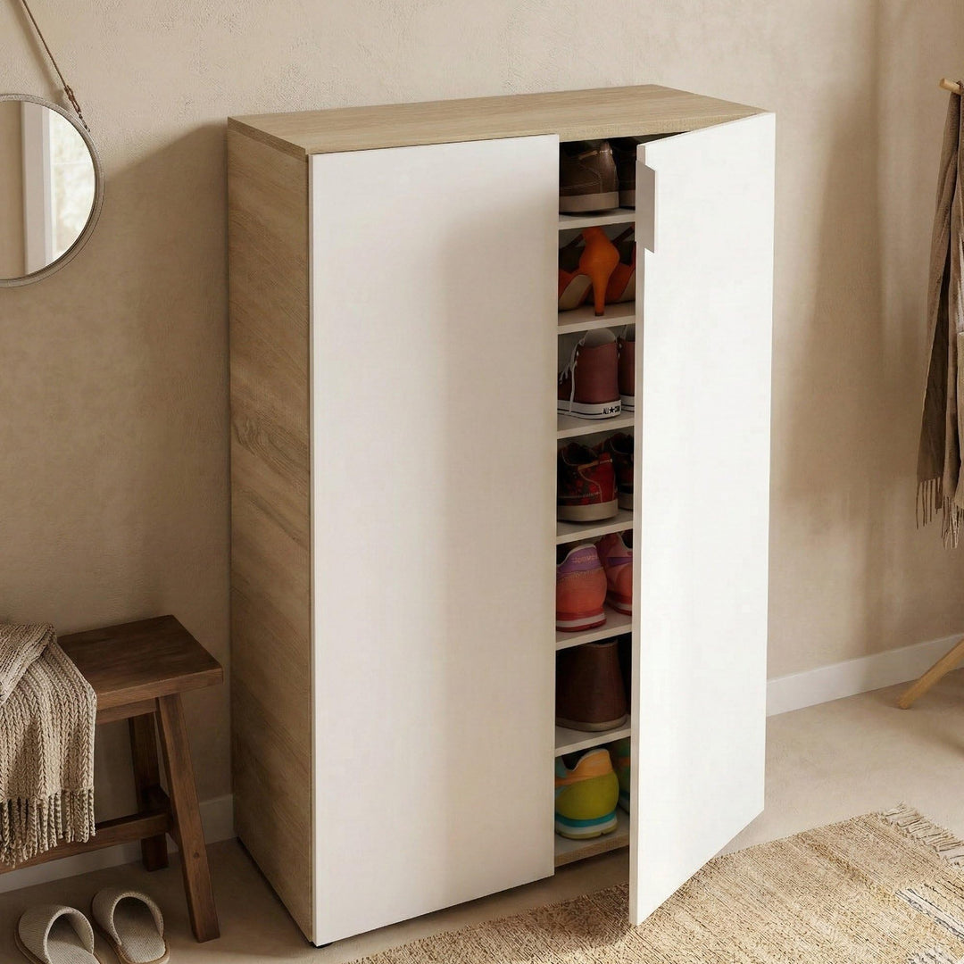 Dmora - 2-türiger Mehrzweckschrank Olathe, Zusatzschrank, Niedriger Schuhschrank mit 6 Regalen, Nied