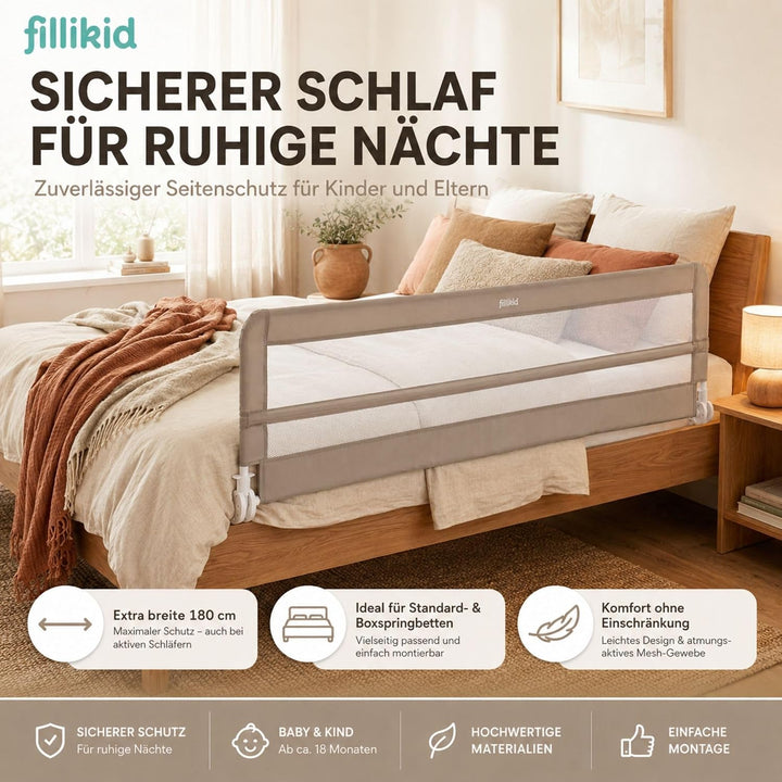 Fillikid Bettgitter Lina XL 180 x 50 cm Exklusiv | Rausfallschutz Bettschutzgitter für Kinderbett &amp;