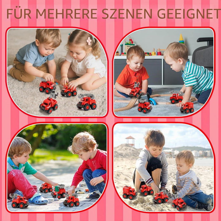 4er Set Feuerwehrautos Spielzeug für Kinder – Push and Go Feuerwehr Fahrzeuge ohne Batterie – Inkl.