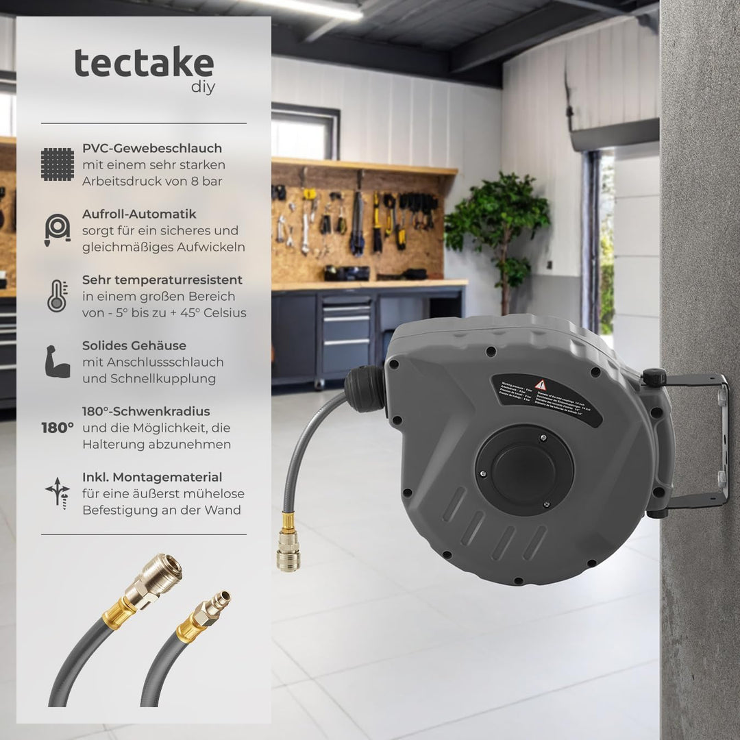 tectake 800801 Druckluftschlauch Aufroller mit ¼ Zoll Schnellkupplung, Aufroll-Automatik mit Schlauc
