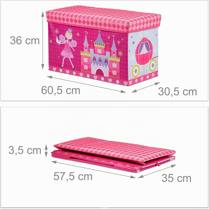 Relaxdays Sitzbox Kinder, Faltbare Aufbewahrungsbox mit Stauraum, Deckel, Prinzessin &amp; Fee, 50 Liter