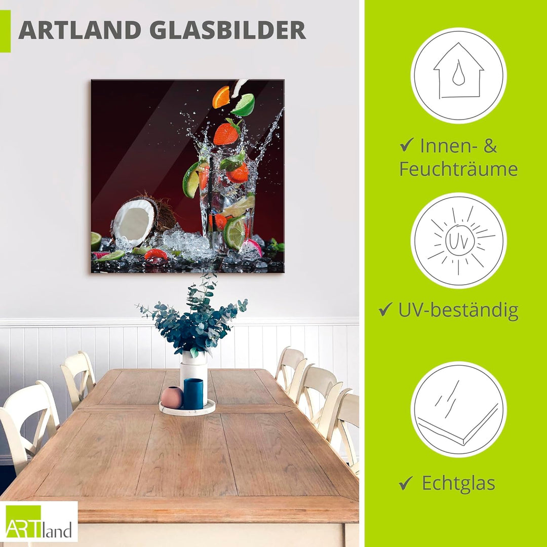 ARTland Glasbilder Wandbild Glas Bild einteilig 50x50 cm Quadratisch Früchte im Wasser Cocktails Fru