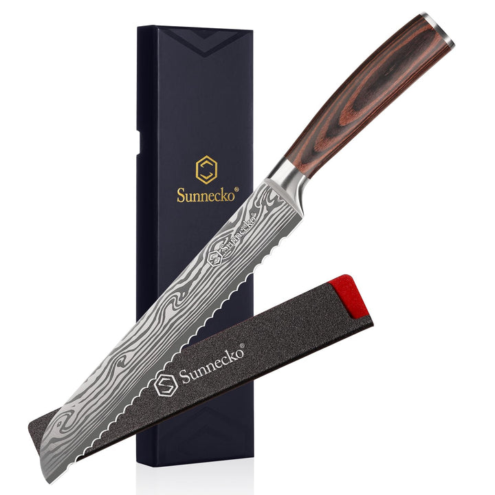 Sunnecko Brotmesser mit Wellenschliff - Brötchenmesser Brotschneidemesser aus Edelstahl, 20cm Klinge