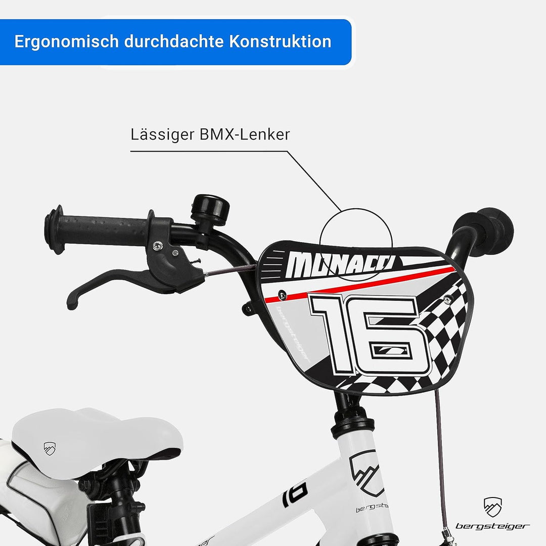 Bergsteiger Monaco 16 Zoll Kinderfahrrad, geeignet für 4, 5, 6 Jahre, BMX, Stützräder, Rücktrittbrem