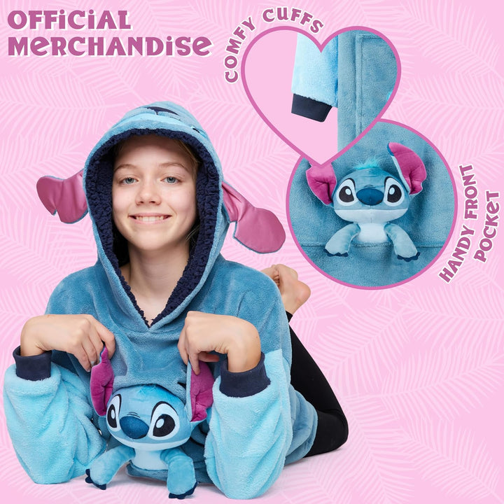 Disney Stitch Hoodie-Decke Kinder, Kapuzenpullover Mädchen mit Sherpa-Kapuze, 3D-Ohren, Kängurutasch