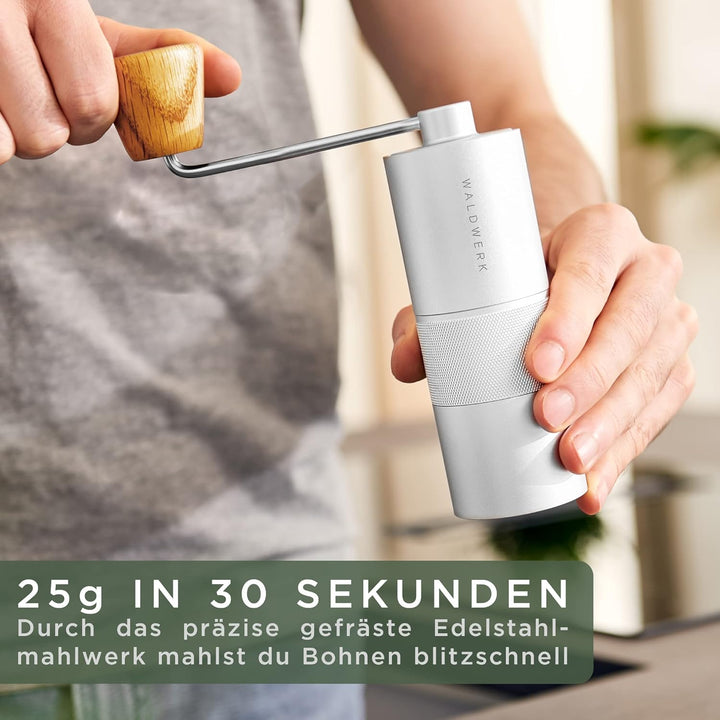 WALDWERK Kaffeemühle - Manuell Mit Präzisem Edelstahlmahlwerk - Kegelmahlwerk Mit Holzgriff - Plasti