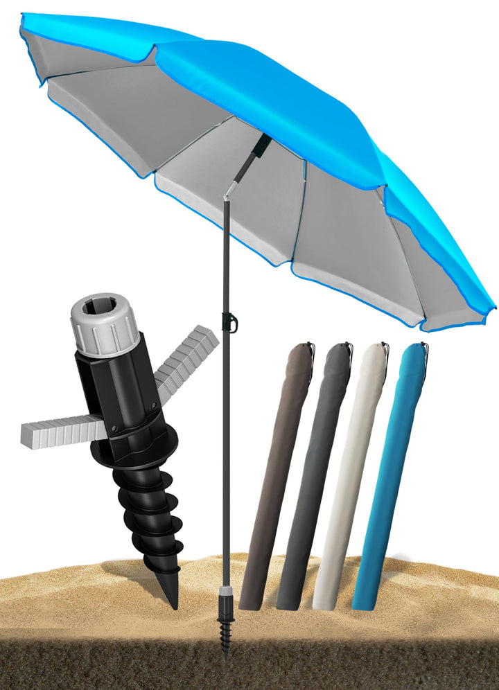 4smile Sonnenschirm Strand SunnyJoy, 3-in-1 SET, Blau - UPF 50+ Strandschirm Ø 180 cm + Sonnenschirm