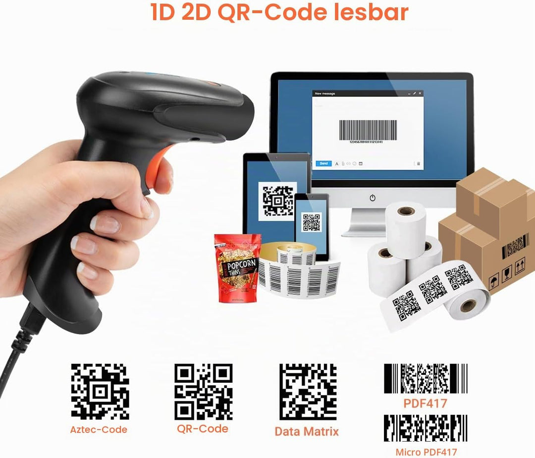 Tera Pro kabelloser 2D-Barcode-Scanner, Bluetooth, QR-Code-Leser mit Ständer, 2.200 mAh, schnelles u