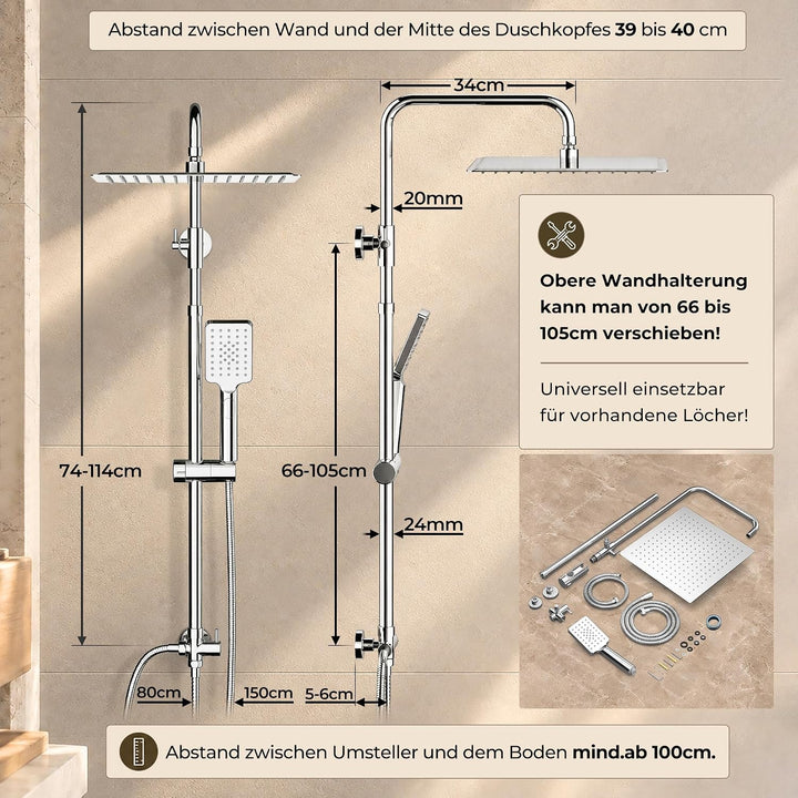 JOHO Duschset ohne Armatur, Chrom Duschstangeset Duschsäuleset, Regendusche Duschsystem mit Duschkop