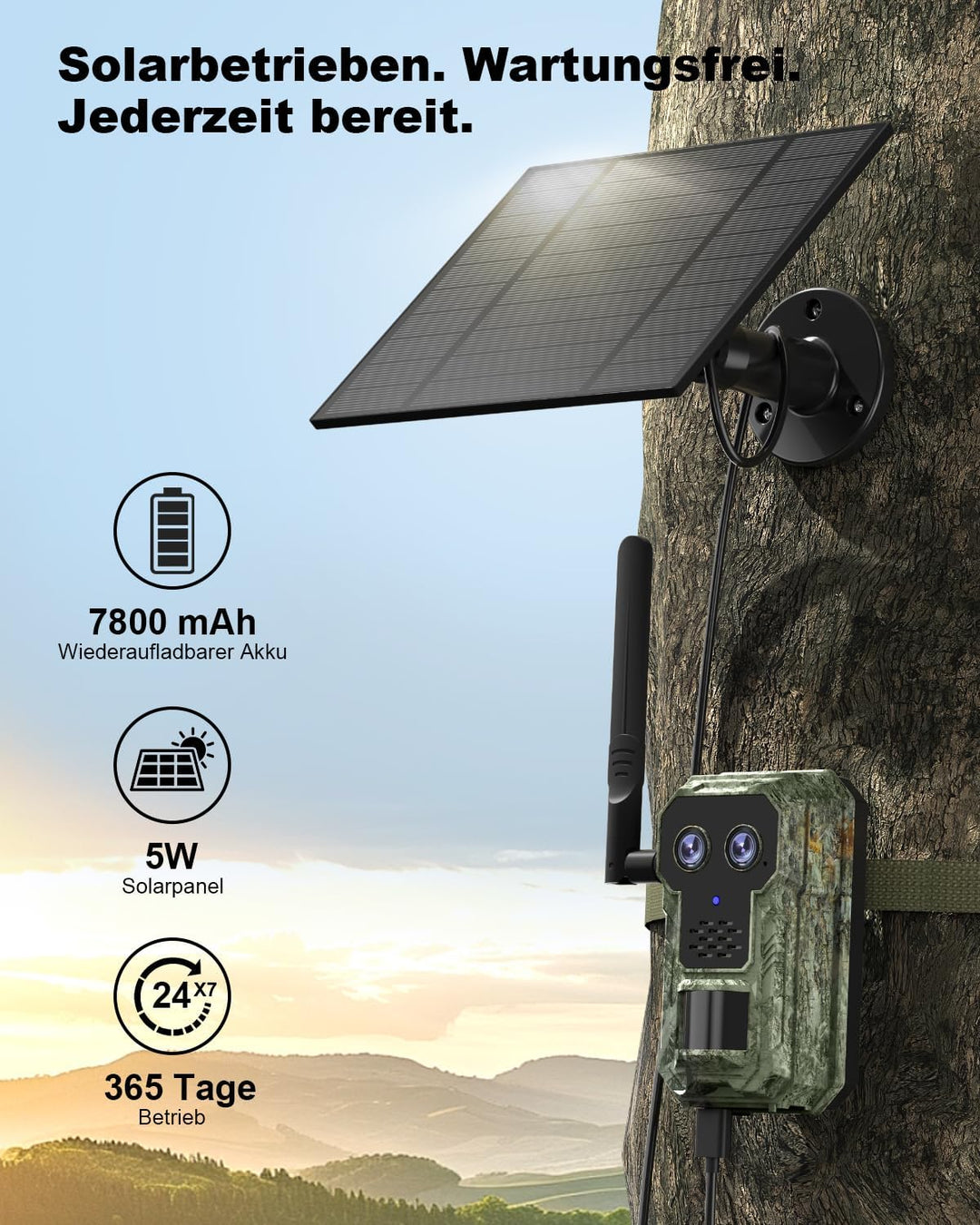 4G LTE Wildkamera mit Handyübertragung App 2.5K Solar Wildtierkamera mit eSIM Karte, Nachtsicht, Bew