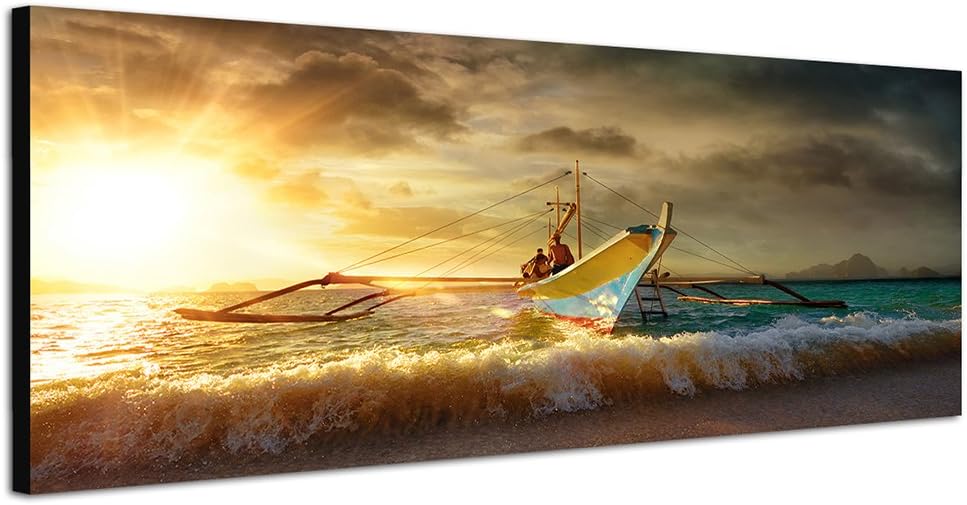 Paul Sinus Art Panoramabild auf Leinwand und Keilrahmen 150x50cm Philippinen Meer Fischerboot Sonnen