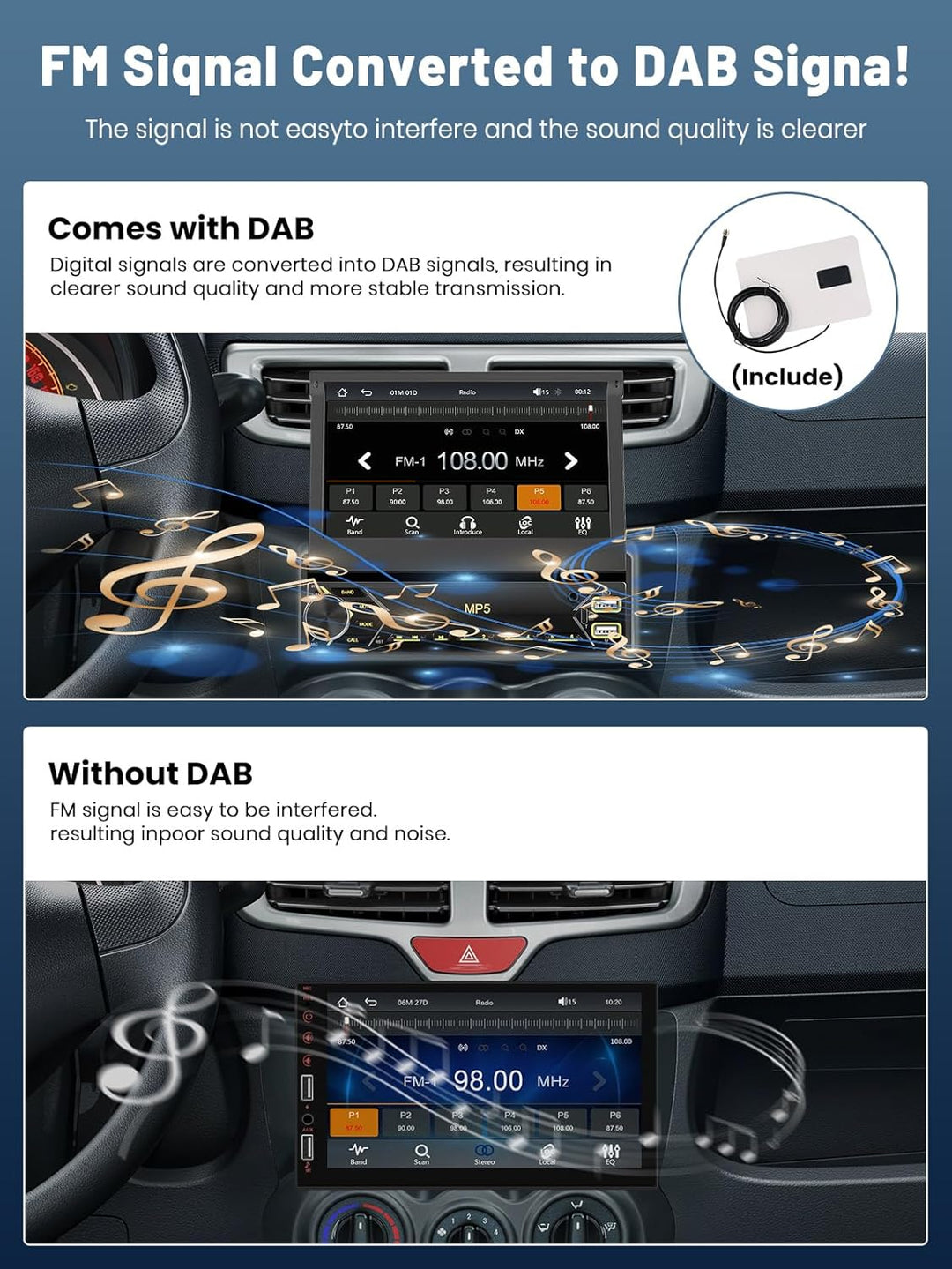 DAB/DAB+ Autoradio 1 DIN mit Ausfahrbarem 7-Zoll-Bildschirm, Unterstützt Wireless Carplay & Android