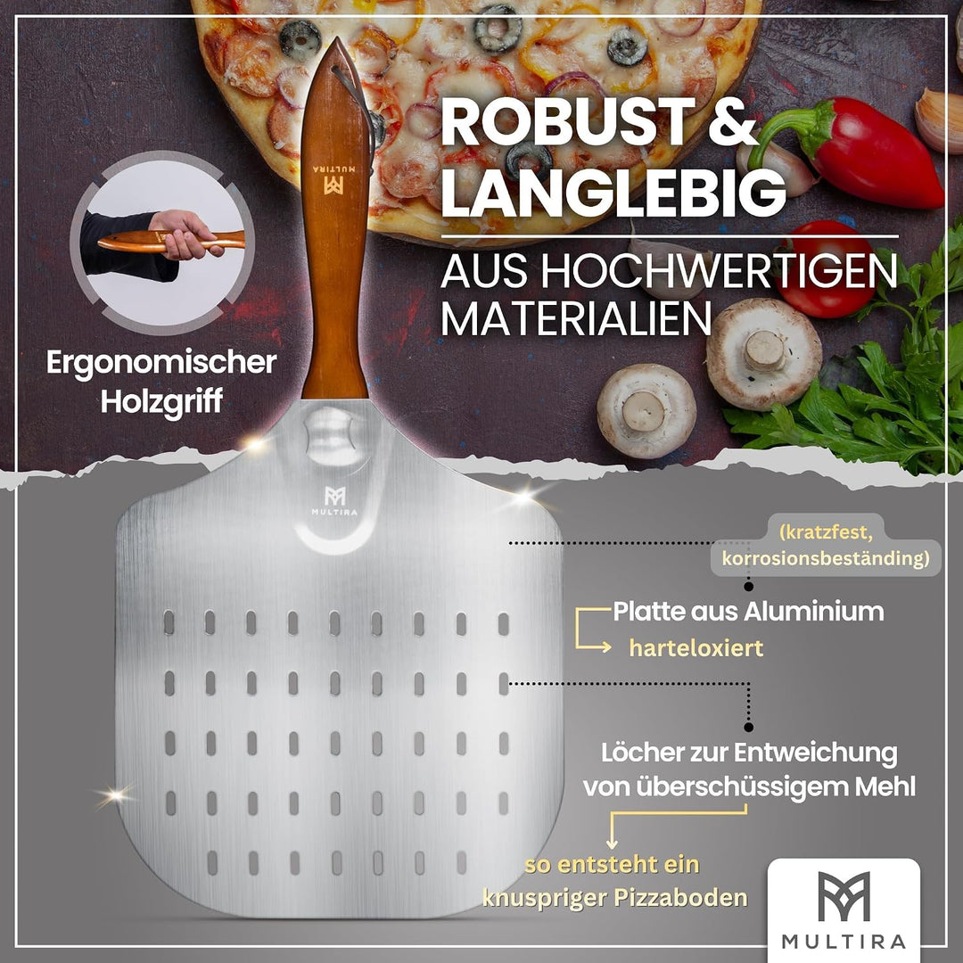 Pizzaschieber Aluminium drehbar | Ergonomischer Holzgriff, perforierte Schaufel, abnehmbar & hitzebe