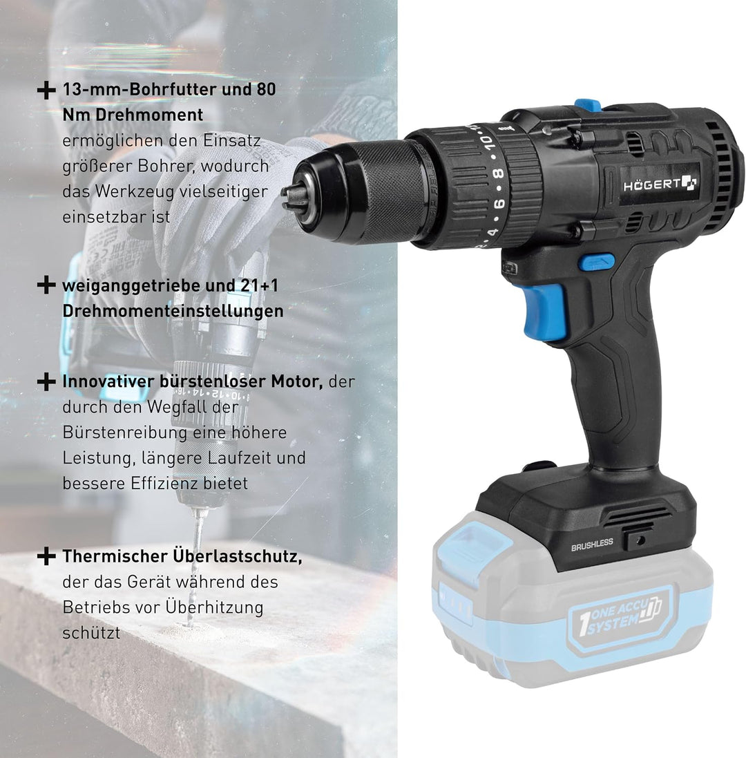 HÖGERT TECHNIK Bürstenloser Akku-Schlagbohrschrauber Set 18V, 80 Nm Drehmoment, 4,0 Ah Akku, 4A Lade