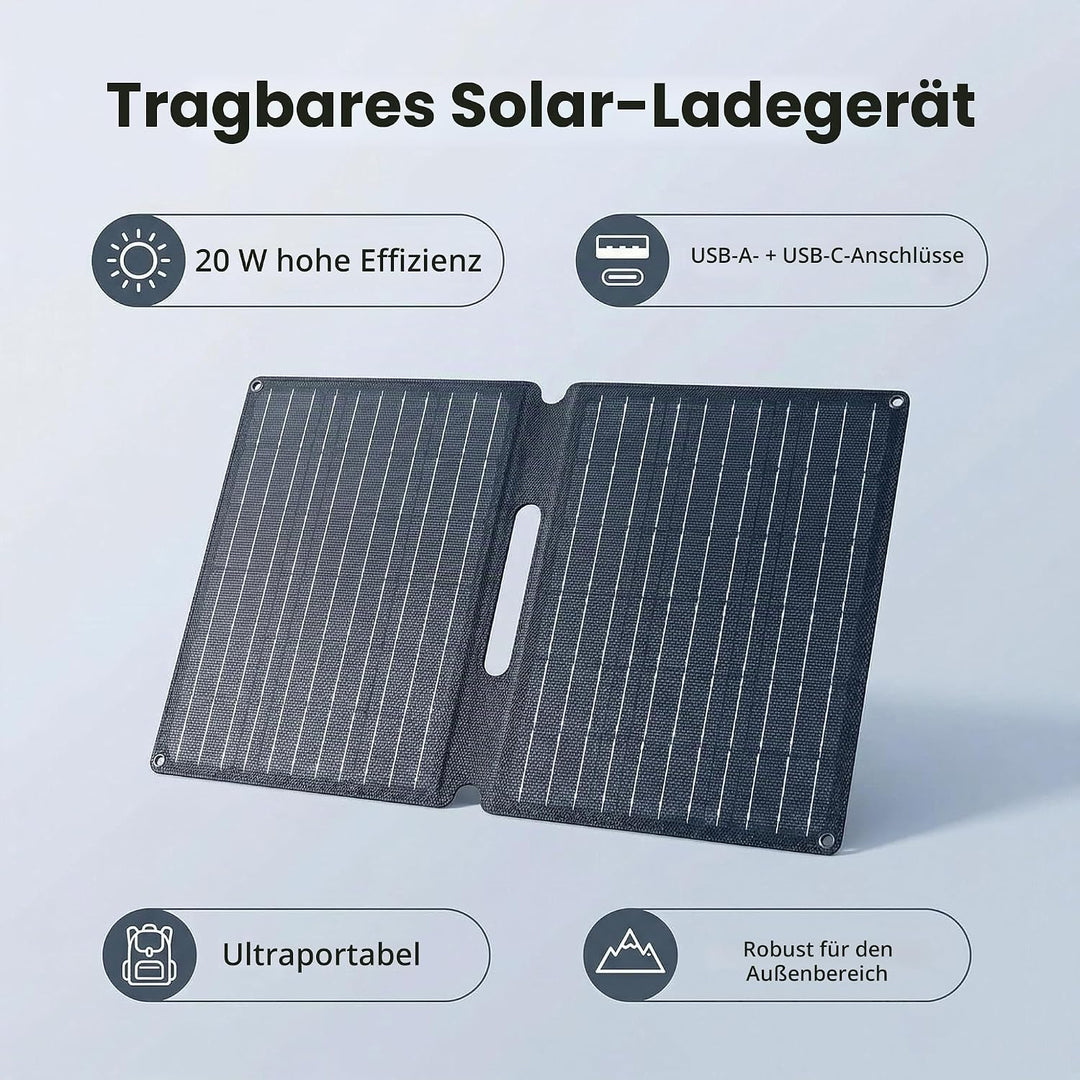 Tragbares Solar-Ladegerät, 20W Solarpanel Faltbar mit 2 Ports (USB-C+USB-A), IP44 Wasserdichtes Trag