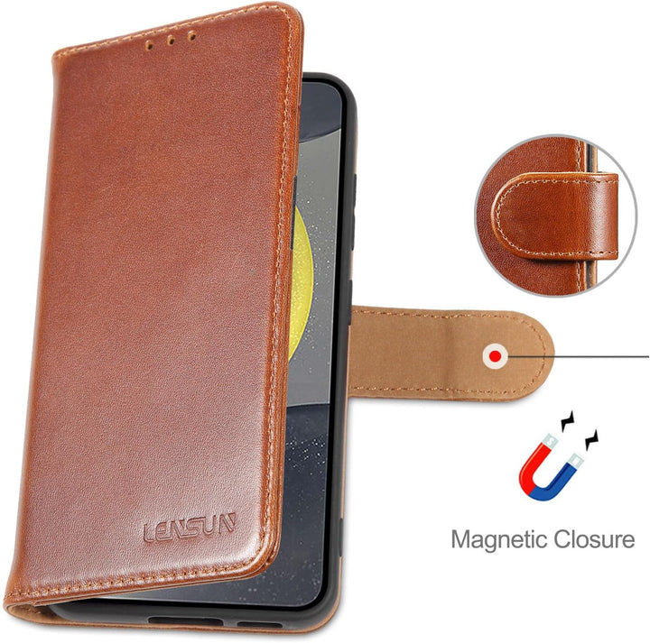 LENSUN Hülle für Samsung Galaxy S24 Echtleder, Handyhülle [Echtes Leder][Standfunktion][RFID Schutz]