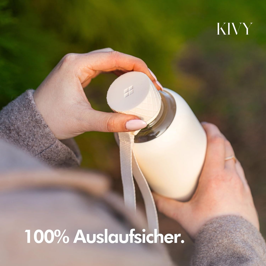 KIVY Glas Trinkflasche 1l mit Silikonschutz [KOHLENSÄURE GEEIGNET] Glasflasche 1 Liter - Wasserflasc