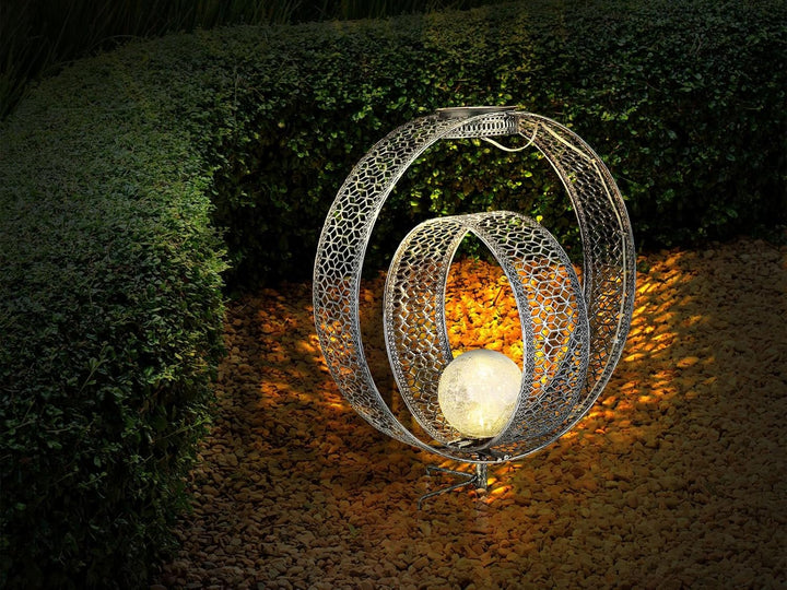 Solarleuchte mit Metallstanzungen und Glaskugel, Silber Höhe 42cm