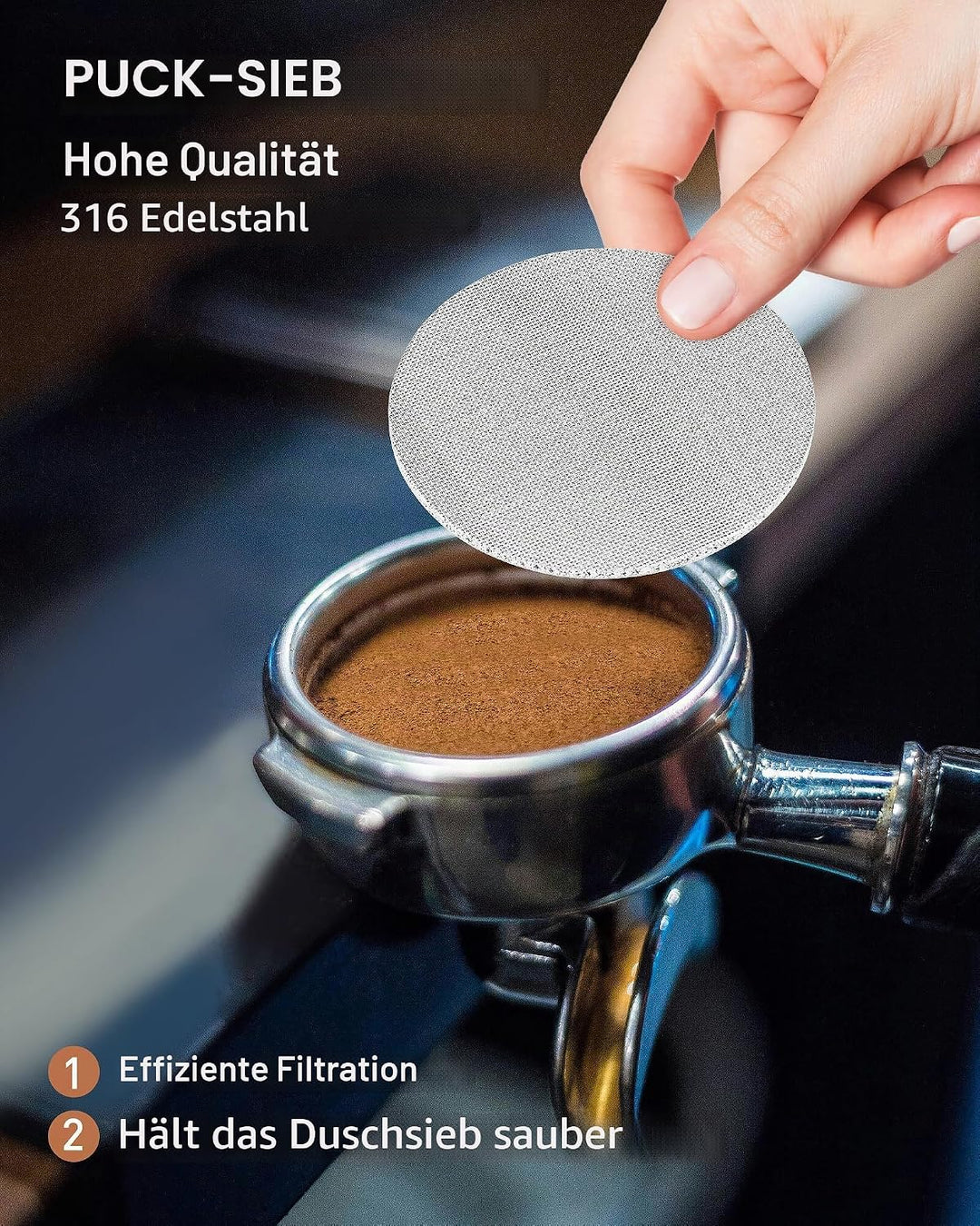 54 mm Kaffee-Dosiertrichter, freihändiger Aluminium-Dosierring und 53,5 mm Edelstahl-Pucksieb, Ersat
