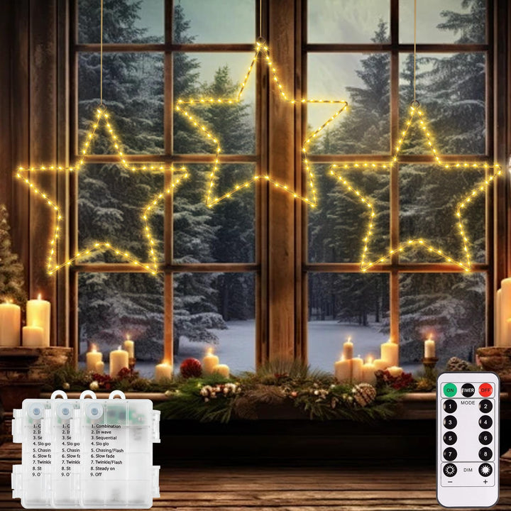 CCILAND Batteriebetrieben Weihnachten Beleuchtet LED Stern Lichter Fensterdeko Warmweiss,3 Stück 180