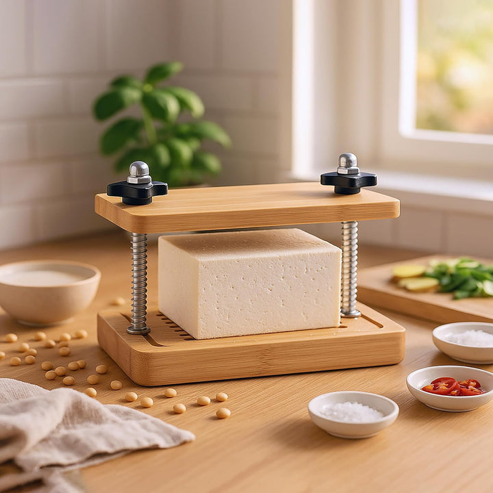 Relaxdays Tofupresse, Bambus, Edelstahl, HxBxT: 17,5 x 25,5 x 14 cm, Pressform vegan, Tofuform mit A