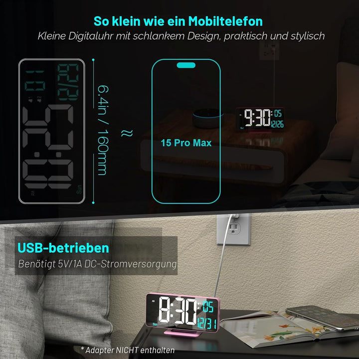 KOSUMOSU Rosa Digitaluhr für Schlafzimmer, 17 cm, Dual-Wecker mit Dimmung, 12/24 Stunden, Sekunden,
