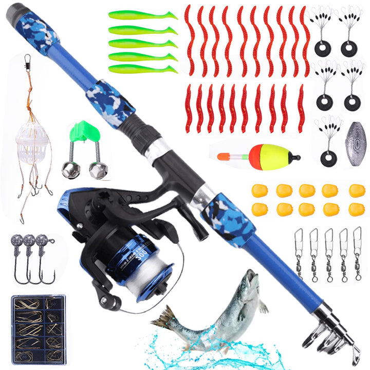 Angelset für Kinder: Angelrute Set mit Angelrolle und Köder Set, Kohlefaser Teleskop Angelrute 1.8m,