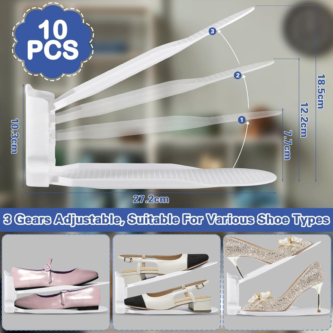 10 Stück Einstellbare Schuhregale, Schuhstapler/Schuhhalter Set, 3 höhenverstellbar, Platzsparend, r