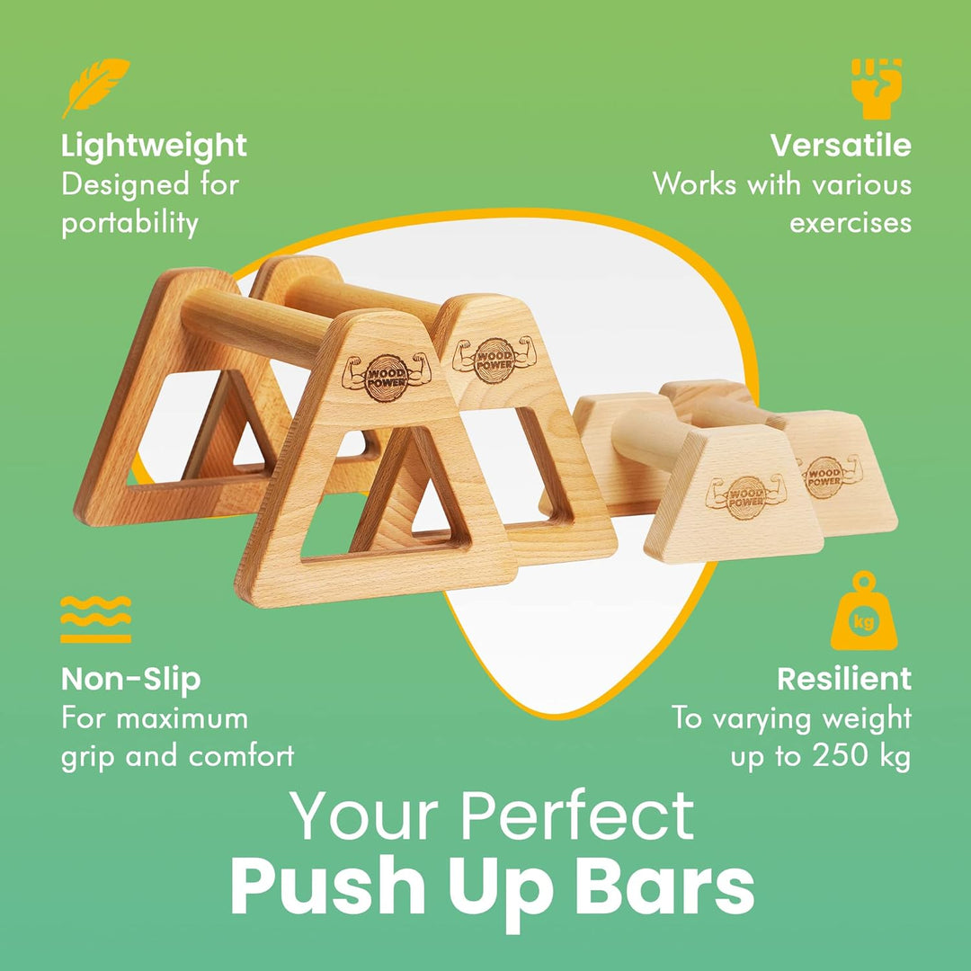 woodpower PowerBars Holz-Parallettes gelenkschonende Liegestützgriffe, Handstand-Barren & Minibarren