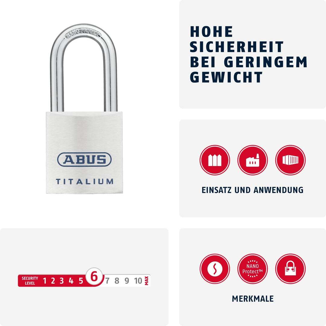 ABUS Titalium Vorhängeschloss 80TI/40HB40 - mit hohem Bügel - Kellerschloss mit leichtem, massiven S