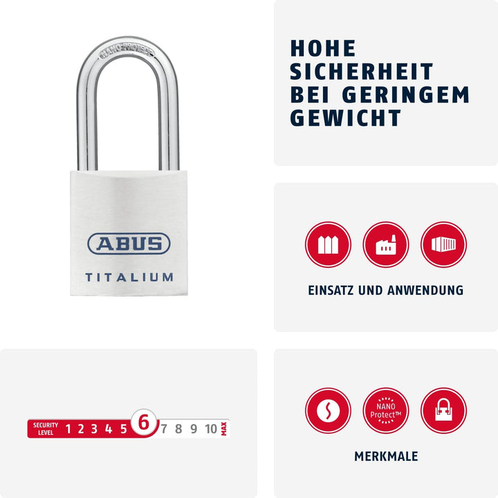 ABUS Titalium Vorhängeschloss 80TI/40HB40 - mit hohem Bügel - Kellerschloss mit leichtem, massiven S