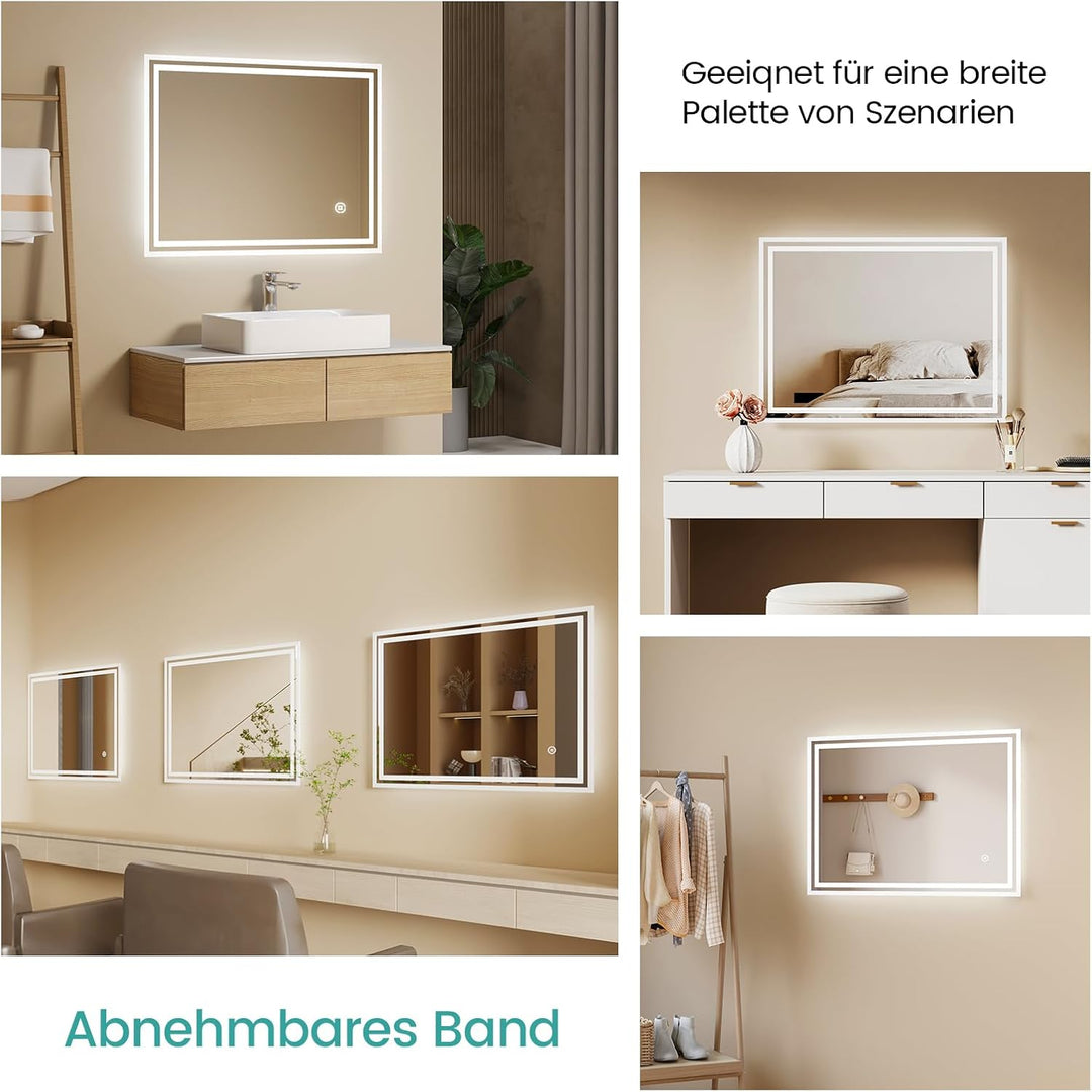 EMKE® 4 in 1 Badspiegel mit Beleuchtung 60x80cm LED Lichtspiegel mit 3000K/4000K/6500K Touch+Dimmbar