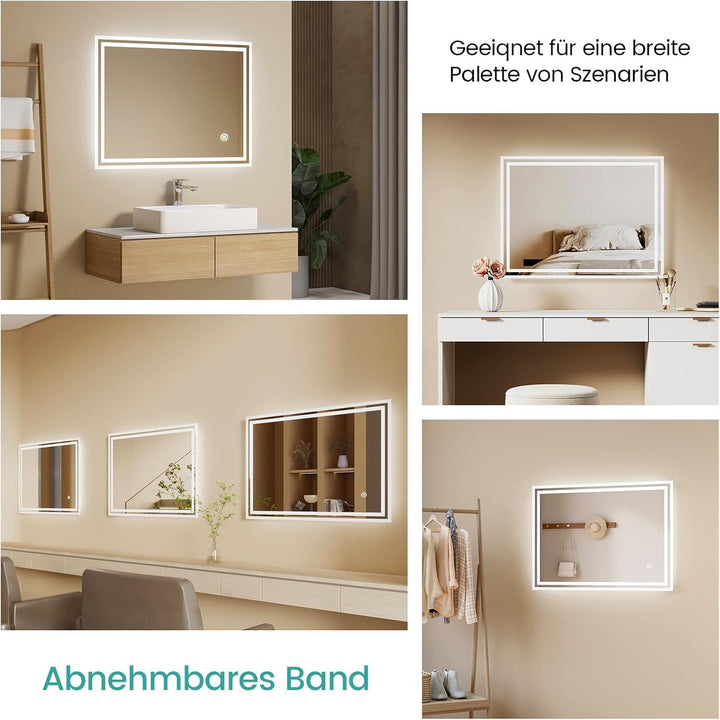EMKE® 4 in 1 Badspiegel mit Beleuchtung 60x80cm LED Lichtspiegel mit 3000K/4000K/6500K Touch+Dimmbar