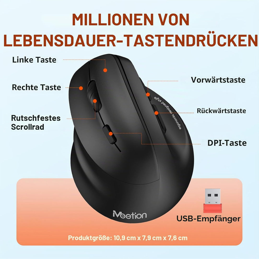 MEETION Linkshänder-Maus, Ergonomisch, Kabellos, Vertikal, RGB für Bluetooth (5.2 + 3.0) und USB-A M