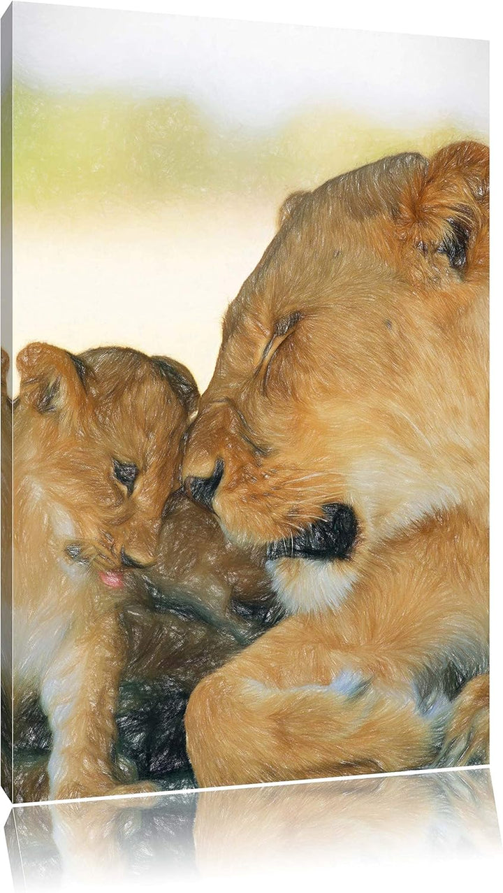 Pixxprint Löwenmutter schmusend mit Junges Bunstift Effekt, Format: 100x70 auf Leinwand, XXL riesige