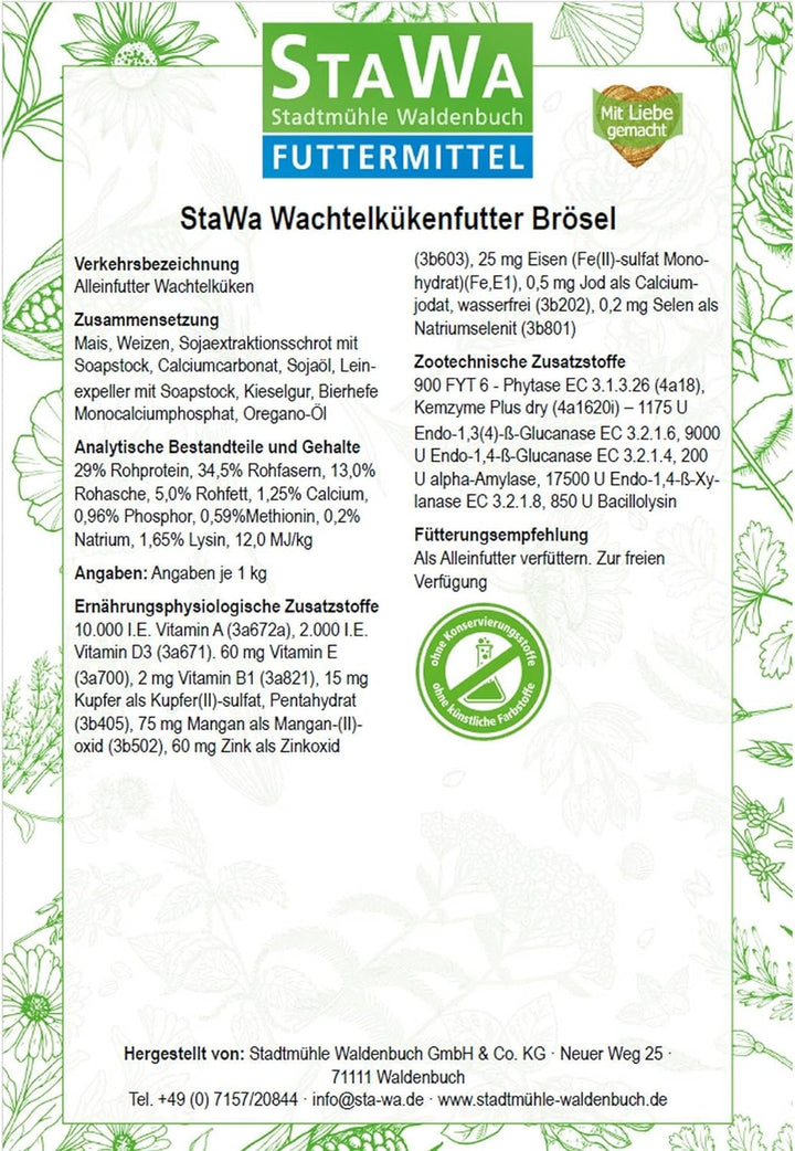 STAWA Wachtelkükenfutter Brösel, mit 29% Rohprotein, ohne Gentechnik, ohne künstliche Konservierungs