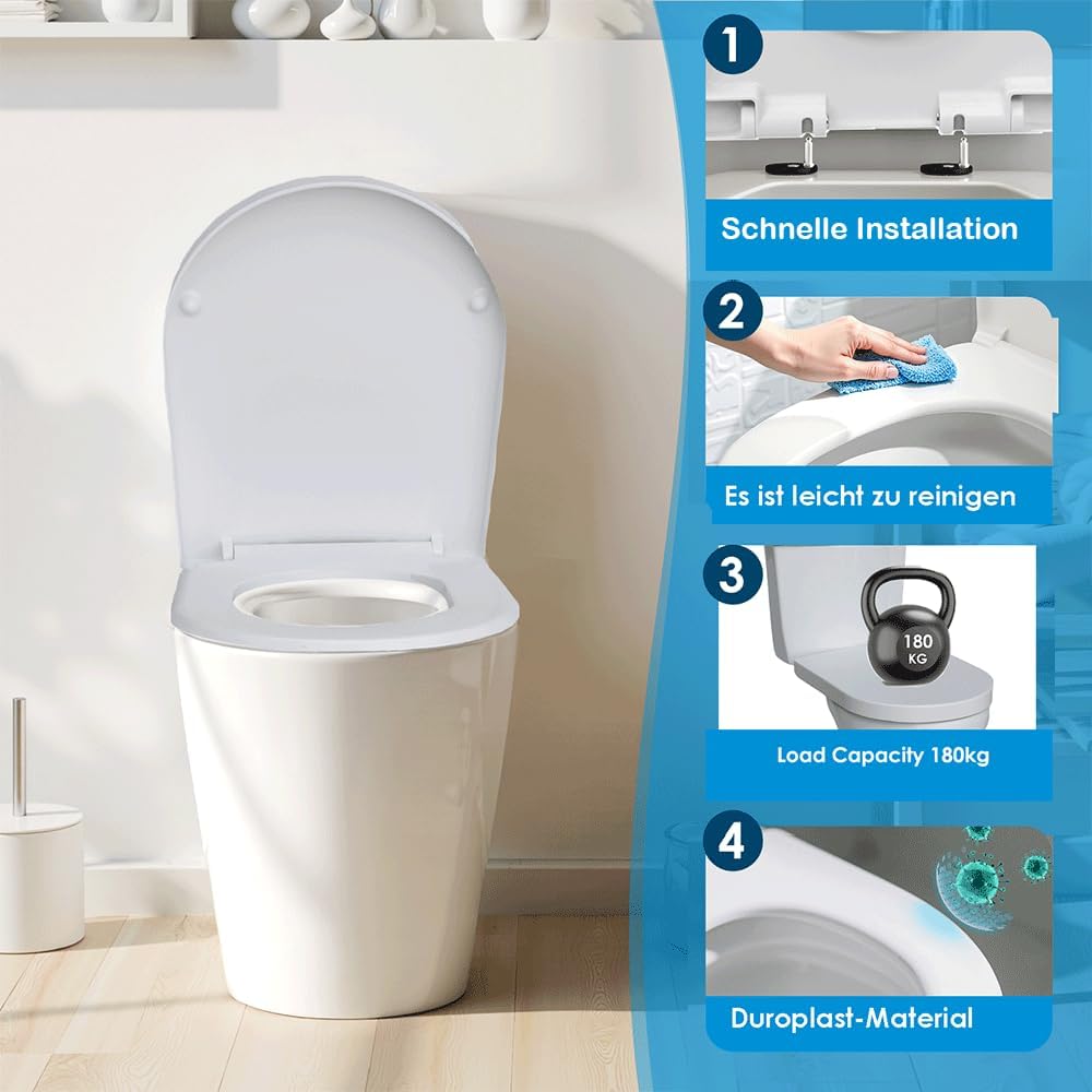 Duroplast WC-Sitz D-Form mit Absenkautomatik, Edelstahlscharnier, One-Touch-Schnellverschluss und ei