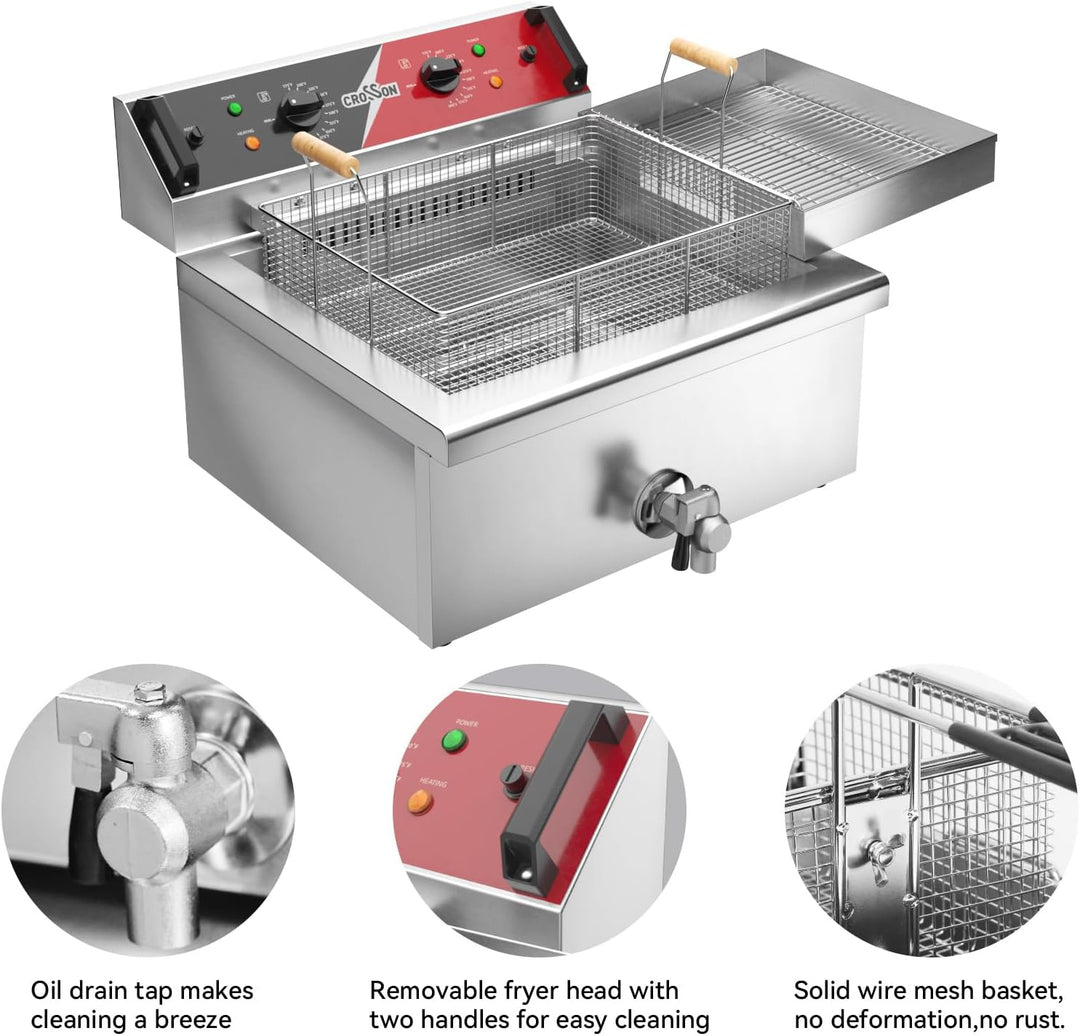 CROSSON Kommerzielle Elektrische Fritteuse 6500W 12L Grosse Edelstahl Fritteuse mit Ablaufhahn,3 Kor