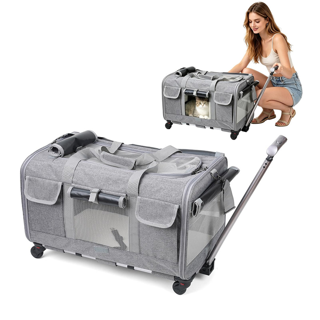 PETCUTE Transporttasche für Katze mit Rollen,Atmungsaktiv Katzen Transporttasche für 2 Katzen,Faltba
