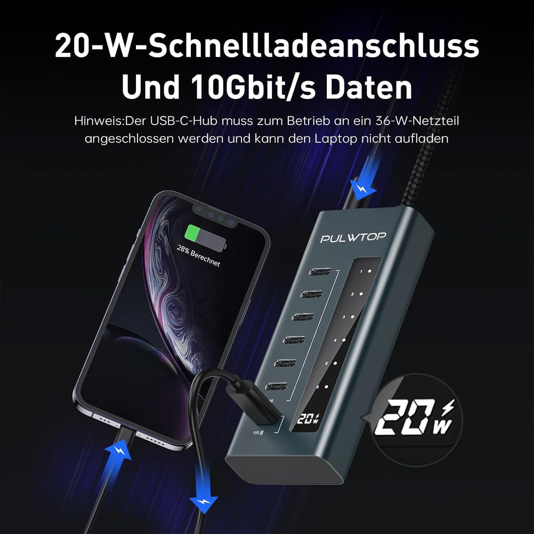 PULWTOP USB C Hub Aktiv,7 Ports USB C to C Hub mit Netzteil, PD 20W Output Charging and 10 Gbit/s 3.
