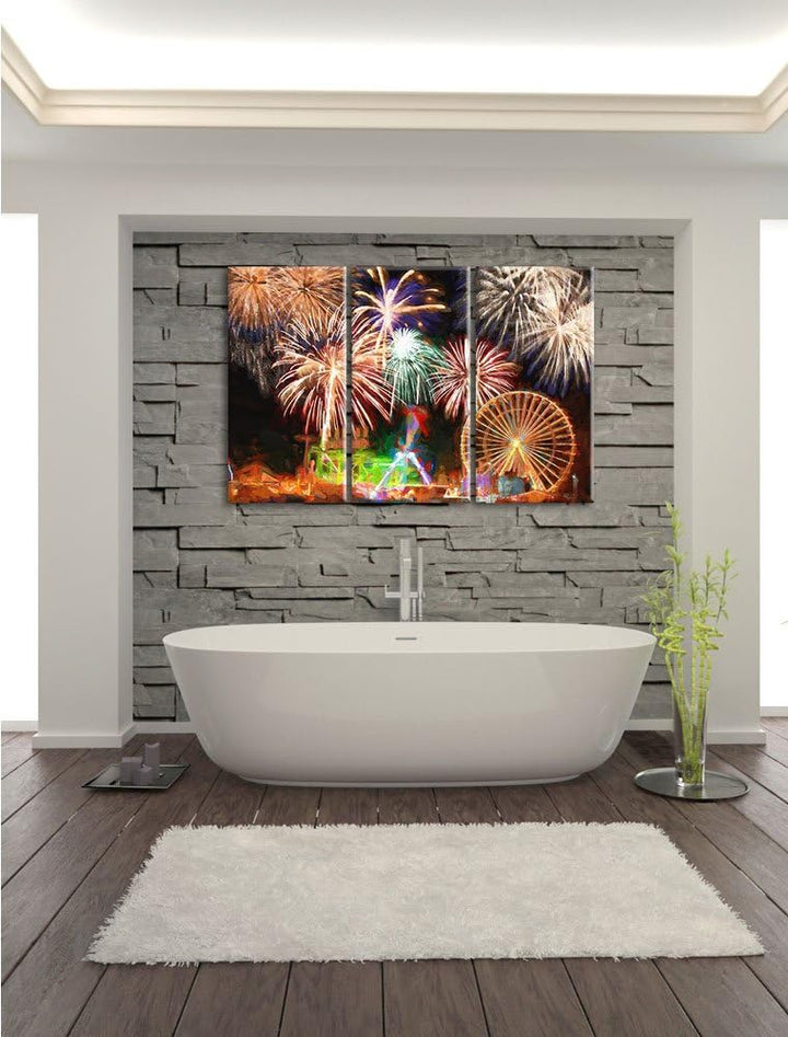 Pixxprint Riesenrad mit Feuerwerk als Leinwandbild/Grösse: 3 Teilig (120x80) cm/Wandbild/Kunstdruck/