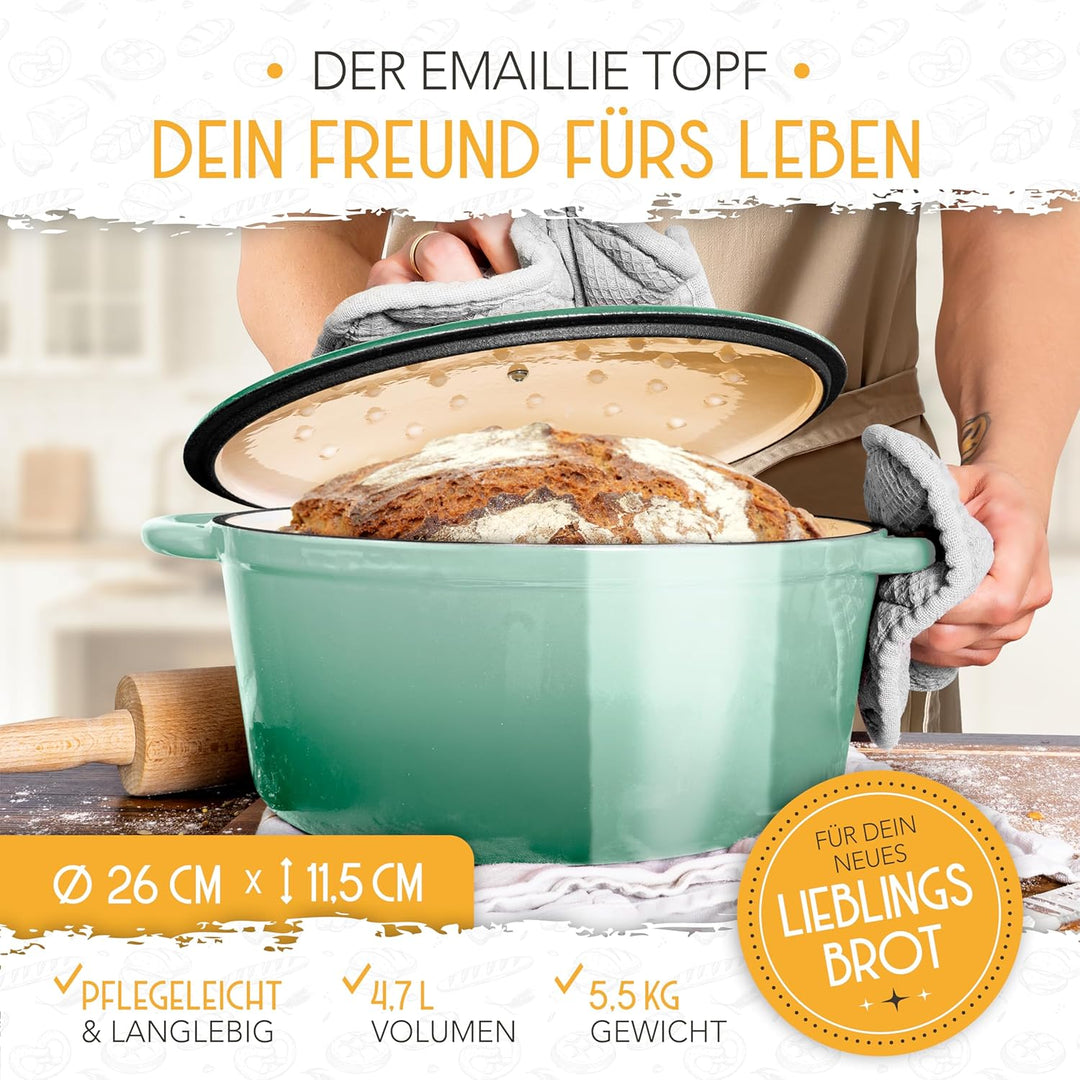 KRUSTENZAUBER Topf Brot Backen [inkl. Gärkorb] - Hochwertiger Emaille Topf 26cm - Idealer gusseisern