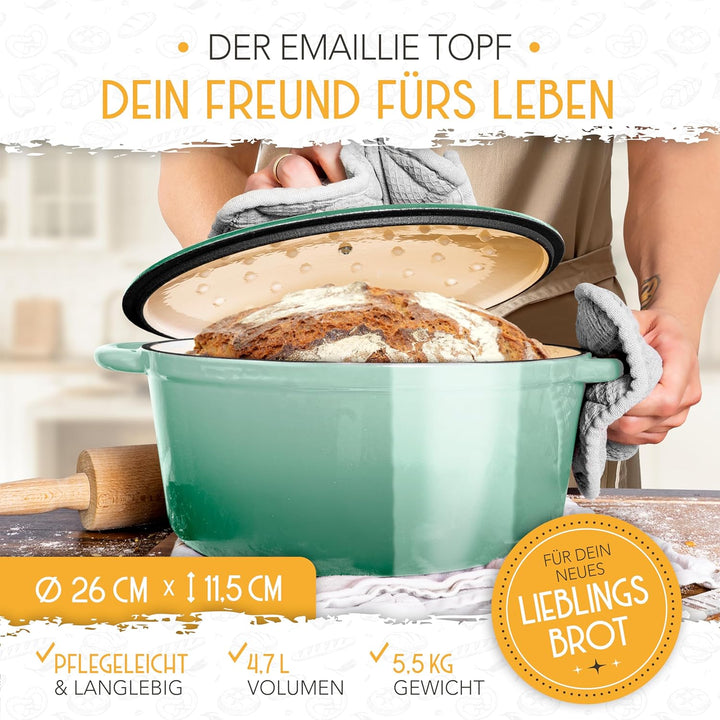 KRUSTENZAUBER Topf Brot Backen [inkl. Gärkorb] - Hochwertiger Emaille Topf 26cm - Idealer gusseisern