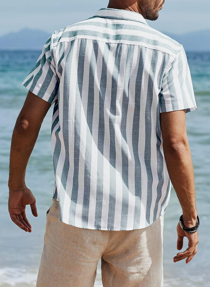 Meilicloth Gestreiftes Hemd Herren Kurzarm Freizeithemd Sommer Casual Regular Fit B Grau Blau Weiss