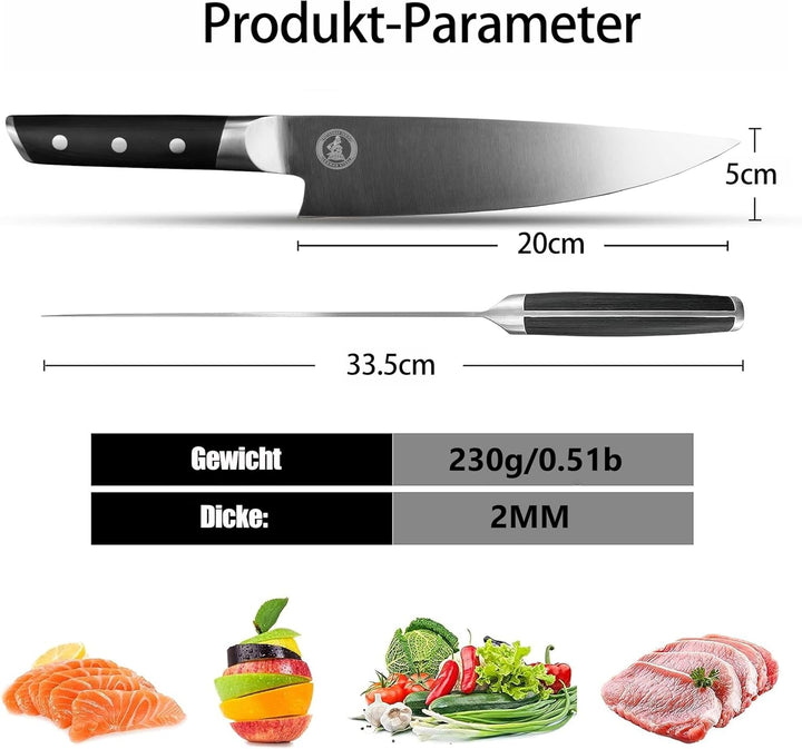 Kitory Kochmesser, Profi Küchenmesser, Scharf Chefmesser 20cm Klinge Fleischmesser mit Pakkaholzgrif