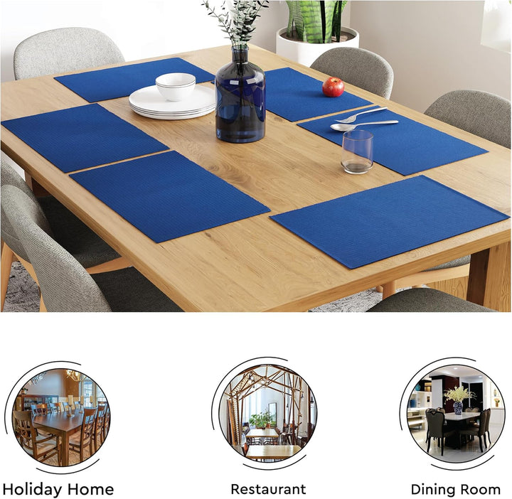 Encasa XO Platzsets Esstisch Set von 6 | Solide blau | Fein gerippte Baumwoll-Tischunterlage | Gröss