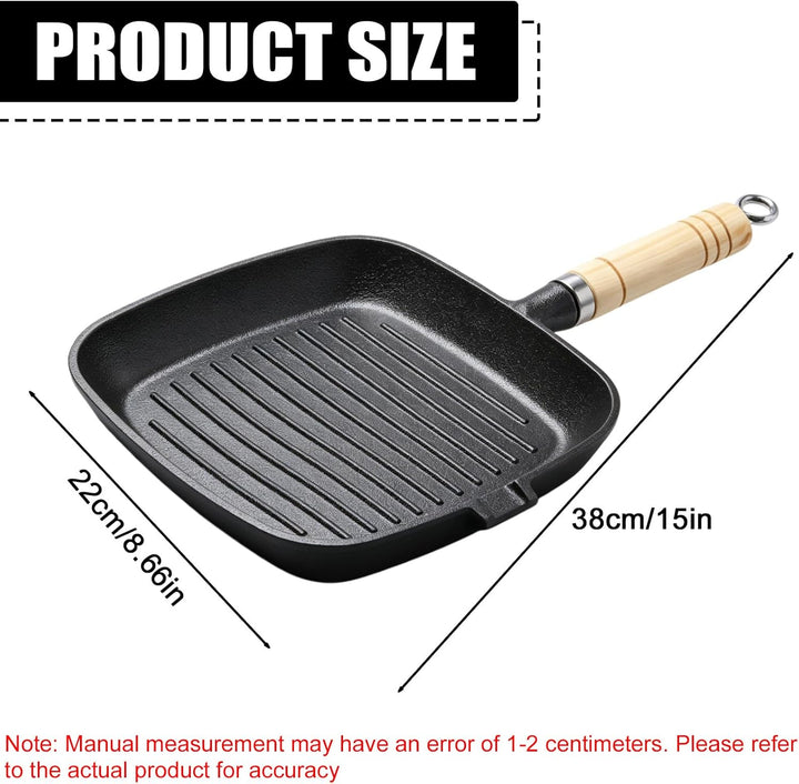Grillpfanne 22x22 cm, Steakpfanne mit Ausgiesser und Holzgriff Geeignet für Induktion und Herdarten