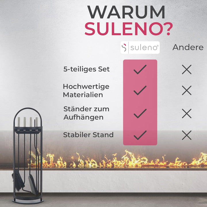 SULENO Kaminbesteck BELFAST 5-teilig Kamingarnitur mit Ascheschaufel Besen Schürhaken, Kaminset & Ha