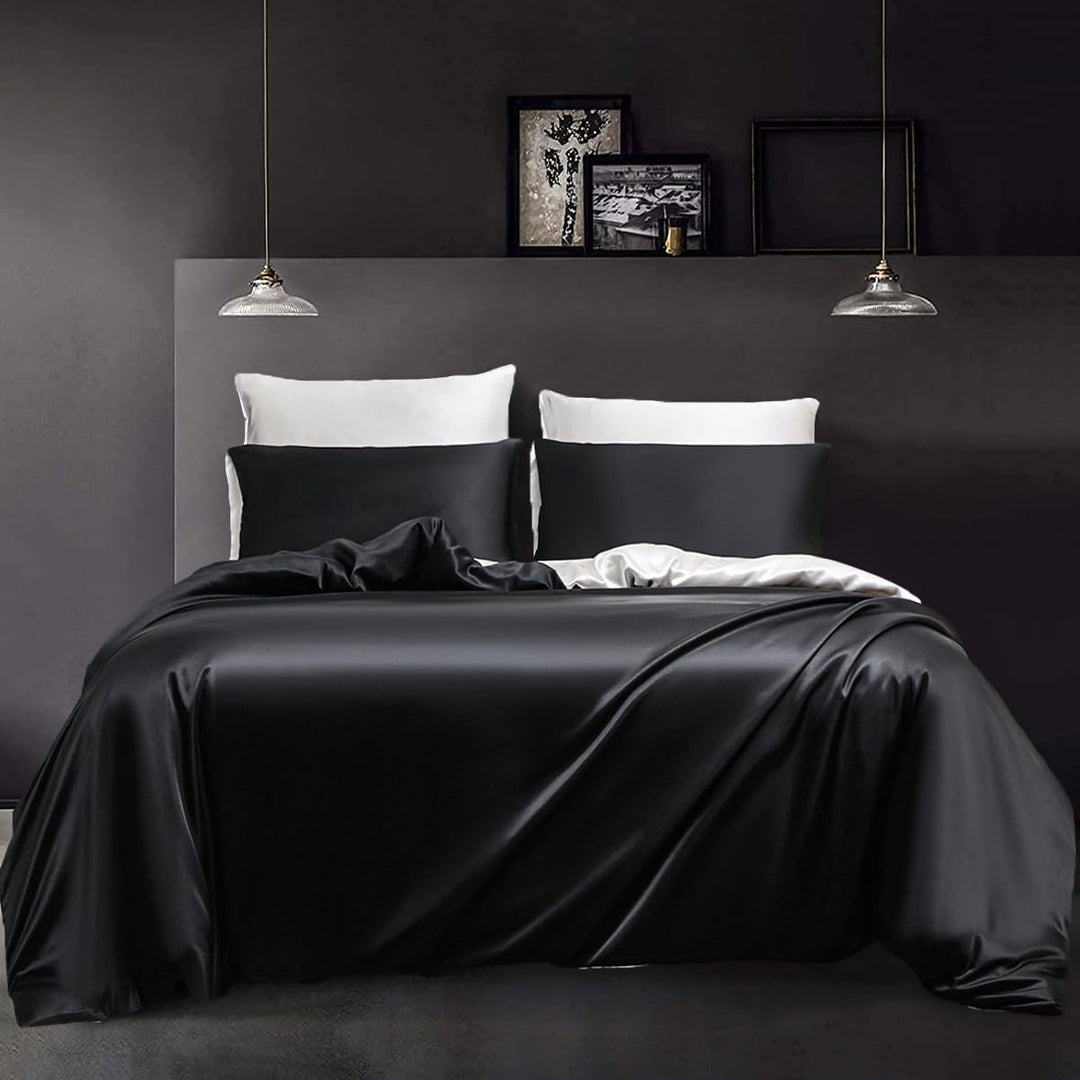 YASMENG Satin Bettwäsche 155x220 Schwarz Weiss Wendebettwäsche Set Modern Elegant Luxus Bettbezug Se