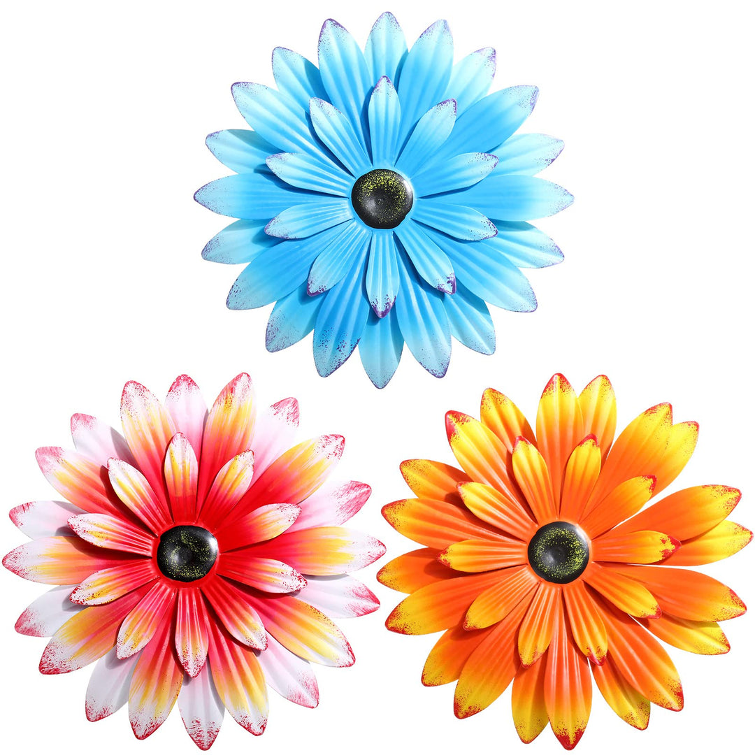 3 Stück Metall-Blumen-Wandkunst, 3D-Metall-Gänseblümchen, Wanddekoration, mehrere Schichten, hängend